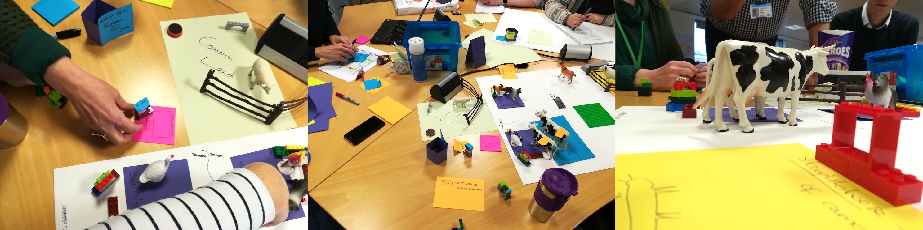 A team at Defra using Lego and paper in a policy lab session to ideate future legislation around livestock traceability and farm holding reporting. The policy team had never done anything like this before and the results were very positive, with new ideas and approaches unlocked quickly.